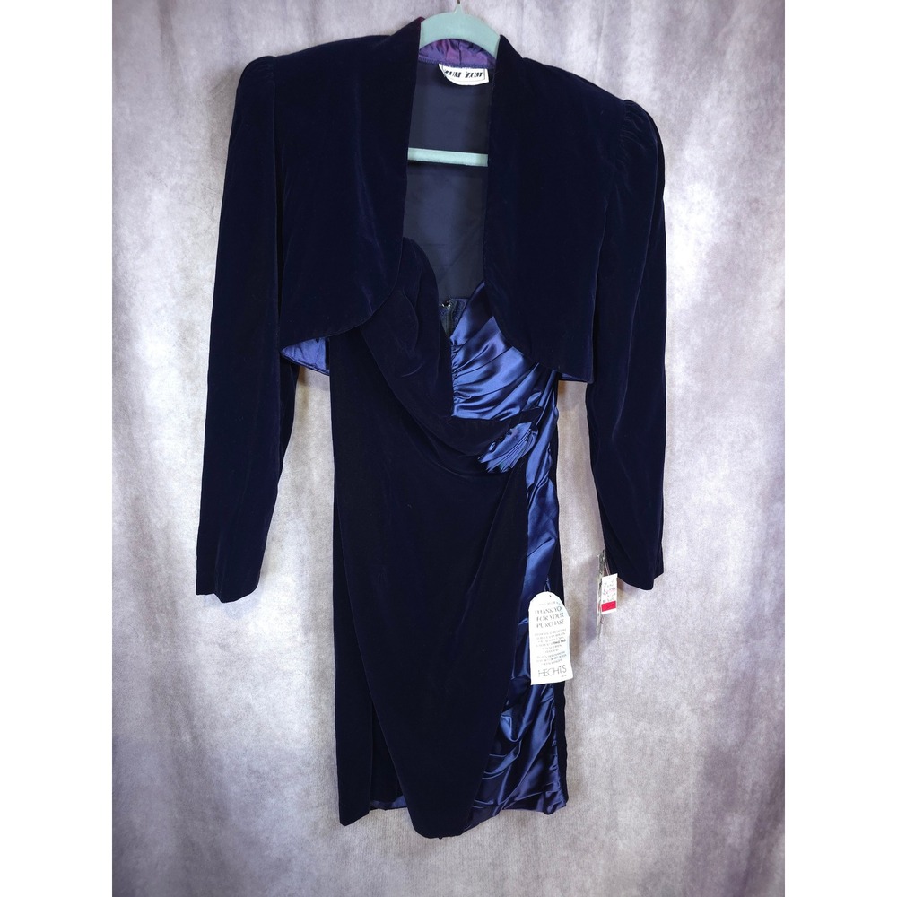 NWT Vntg ZUM ZUM Navy Blue Velvet Satin Dress with Bolero Jacket Set Size 13 14
